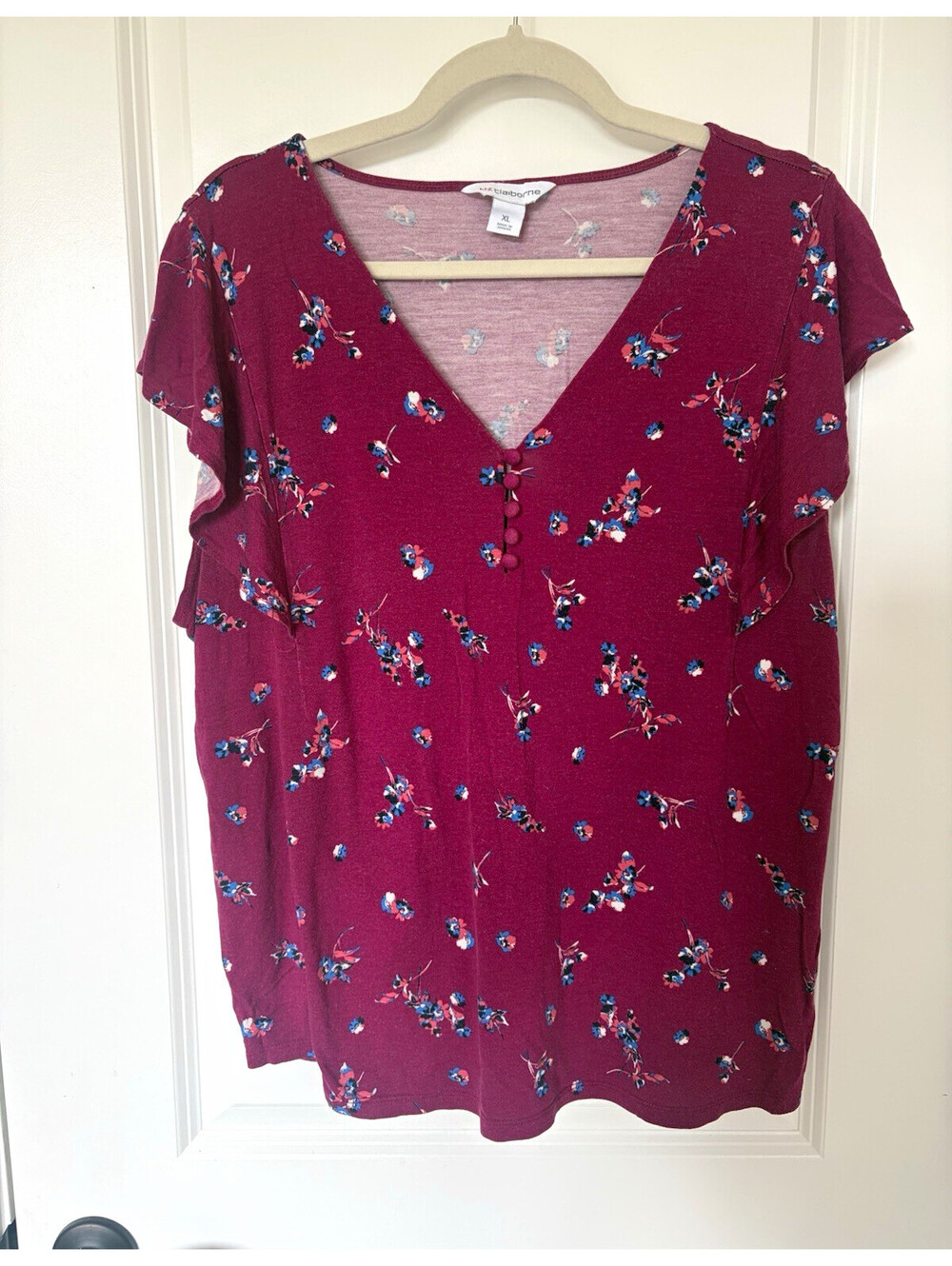 Liz Claiborne Women’s Blouse XL Burgundy Floral V-Neck Flutter Sleeve Stretch